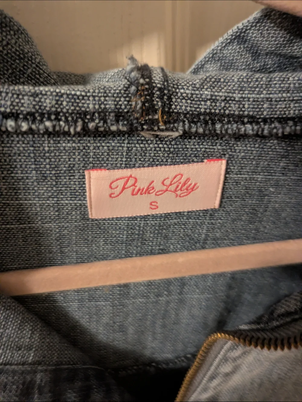 Pink Lily Light Blue Denim Hoodie Jacket with Pink Plaid Accents - Picture 4 of 4